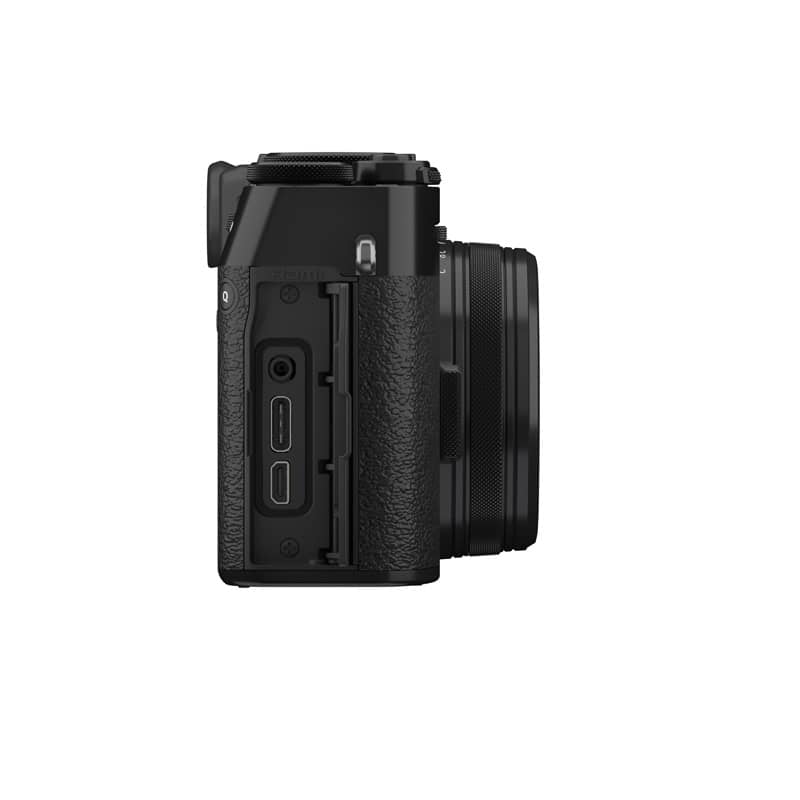 Fujifilm X100VI schwarz Kamera Fujifilm X100VI schwarze Kamera seitlich Ansicht.