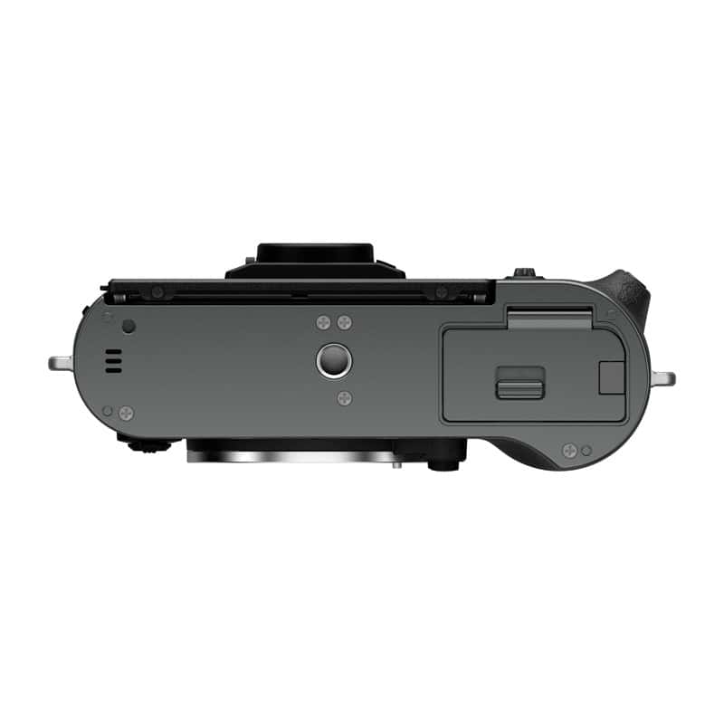 Fujifilm X-T50 Gehäuse in anthrazit grau, seitliche Ansicht.