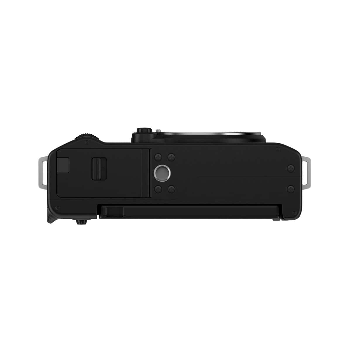Schwarzes Fujifilm X-M5 Gehäuse von unten, kompakte Kamera.